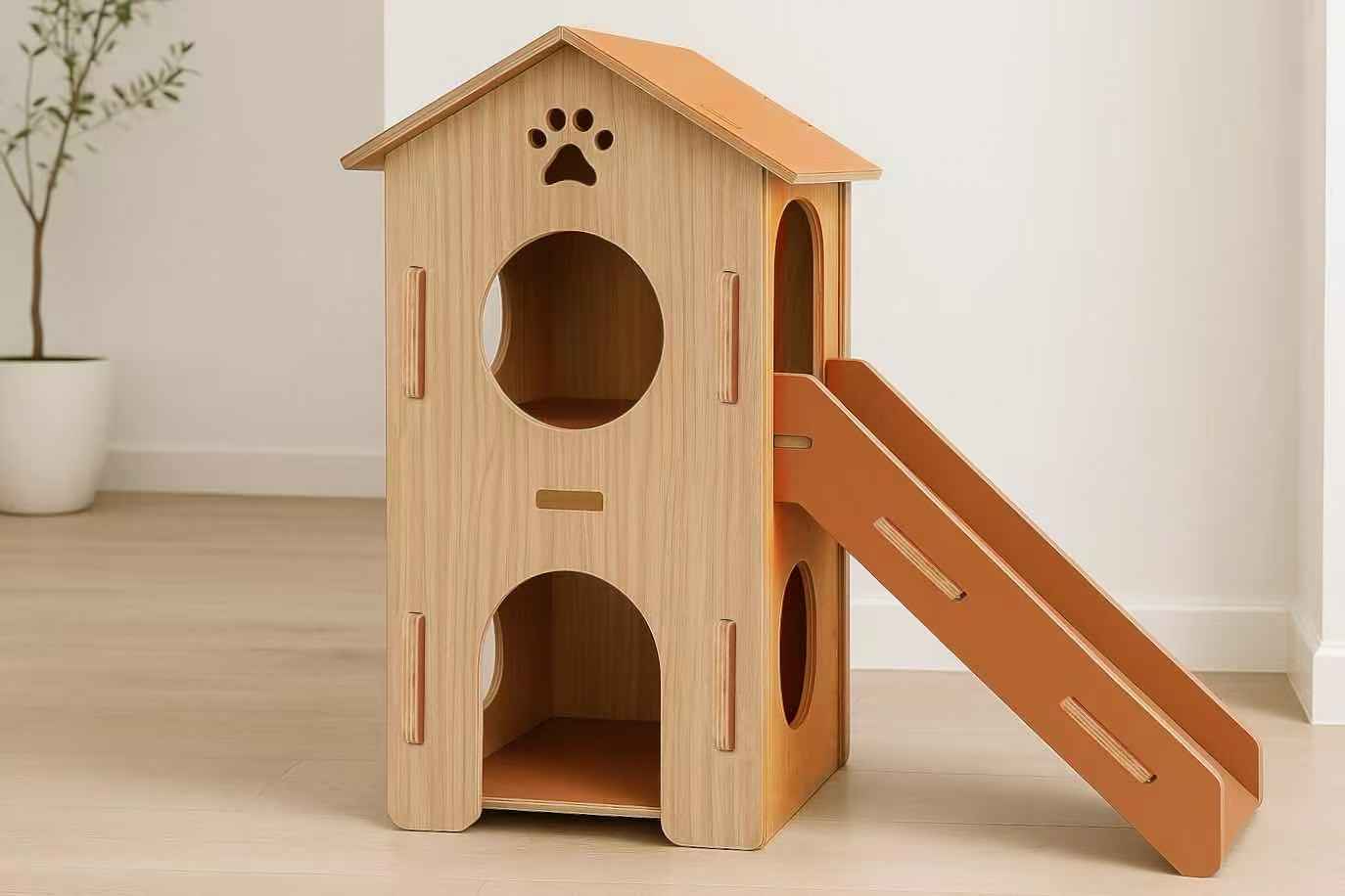 FurHugs ClimbCabin – Two-Story Wooden Cat House with Ramp & Cushions
