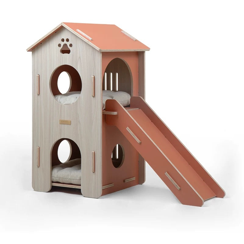 FurHugs ClimbCabin – Two-Story Wooden Cat House with Ramp & Cushions