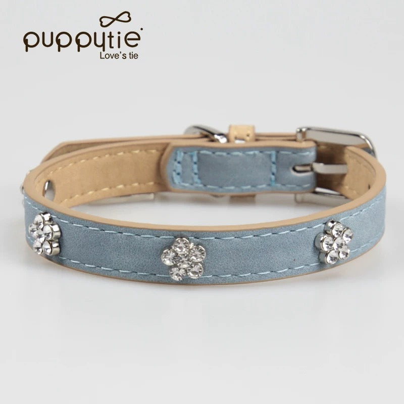 PUPPYTIE Luxury Leather Pet Collar with Crystal Floral Charms