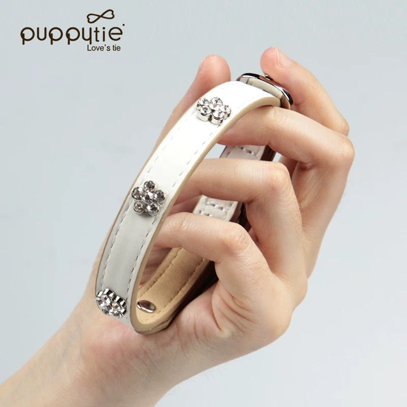 PUPPYTIE Luxury Leather Pet Collar with Crystal Floral Charms